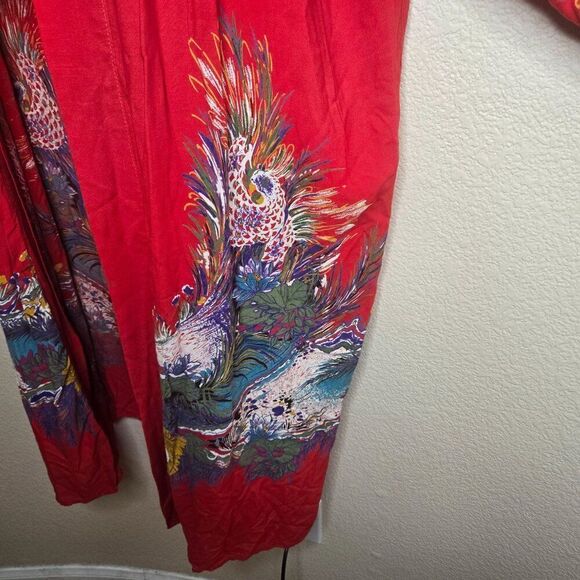 Vintage Sue Starr Hand Made Red Kimono Vibrant Peacock Pattern One Size - Picture 4 of 8